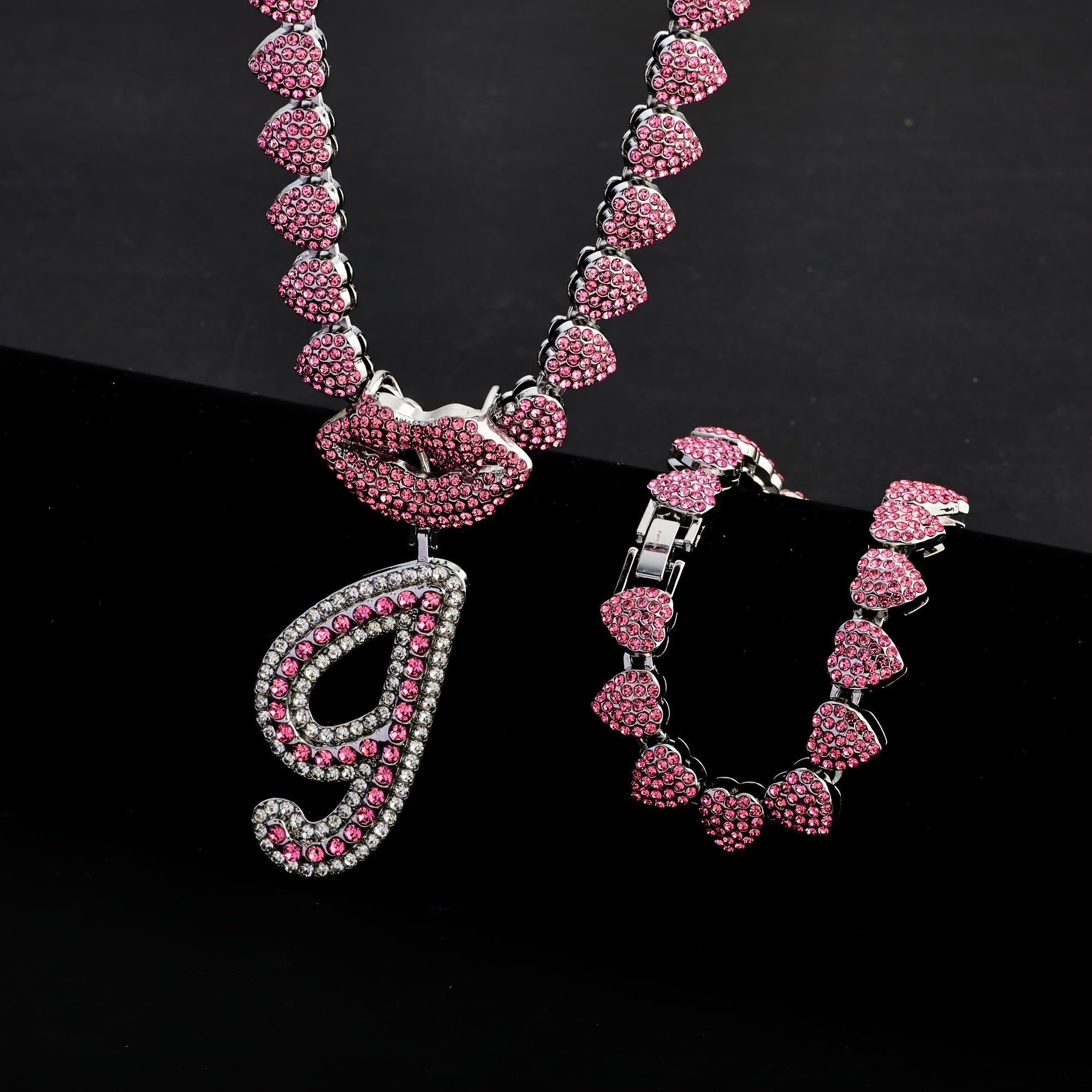 Hip Hop Y2K Style Pink Sexy Lips Pendant Necklace and Bracelet Set, A-Z Initials, Rhinestone Inlay, Zinc Alloy, Perfect for Daily Wear or Parties, Ideal Valentine's Day Gift for Men and Women, Hip Hop Jewelry